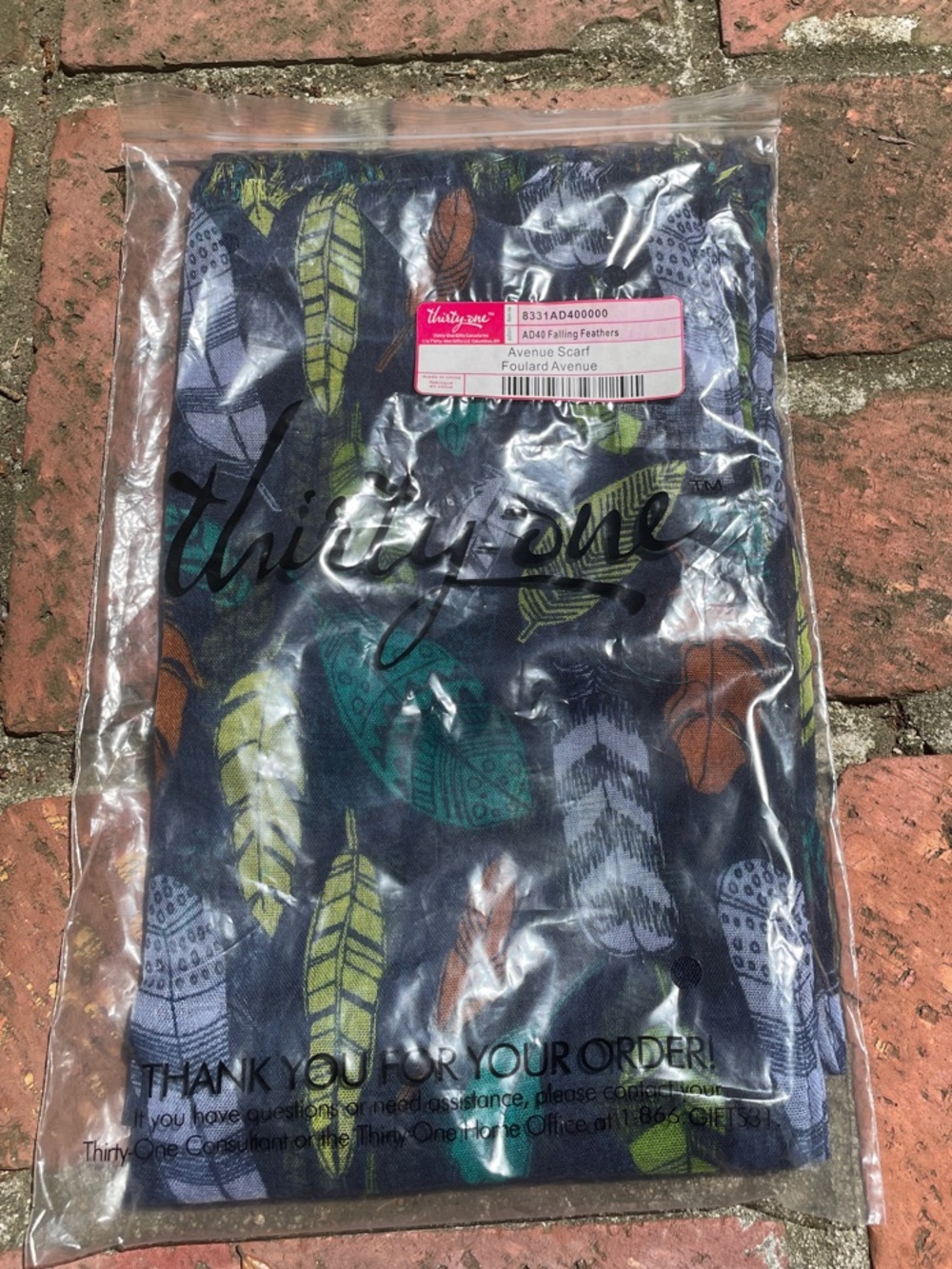 thirty-one Navy Scarf with Teal, Lime, Orange & Gray Feather Print